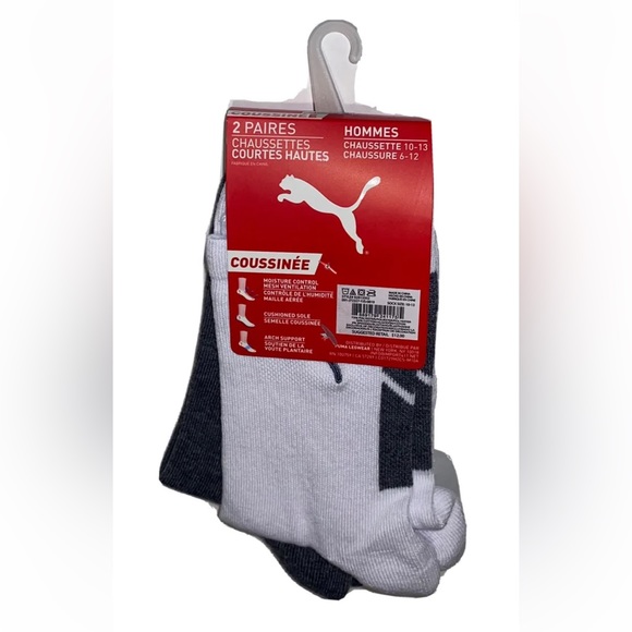 Puma Cushioned Low Crew Socks 2 Pair Mens 6-12 Gray White w/ Logo NEW Cushioned - Picture 3 of 8